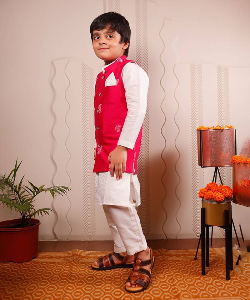 Pink printed cotton silk nehru jacket set