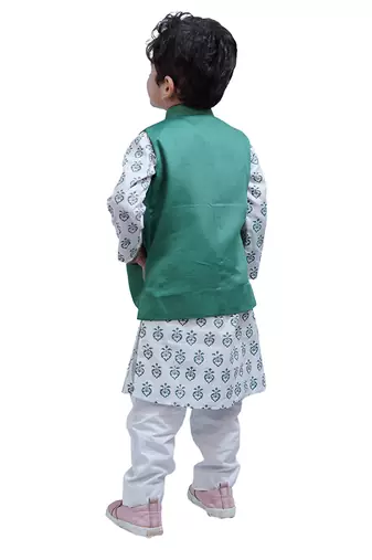 Green woven cotton nehru jacket set