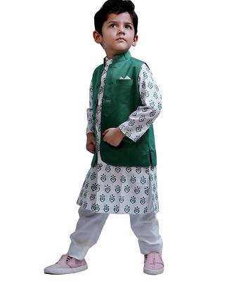 Green woven cotton nehru jacket set 3