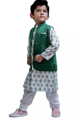 Green woven cotton nehru jacket set