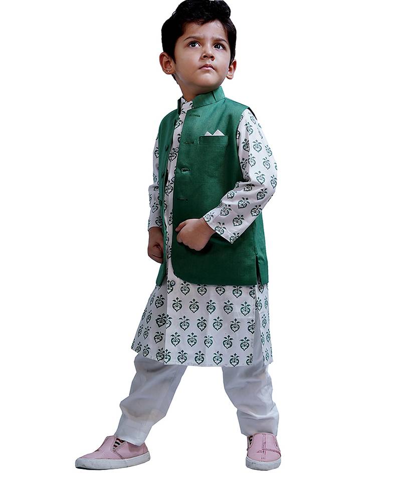 Green woven cotton nehru jacket set