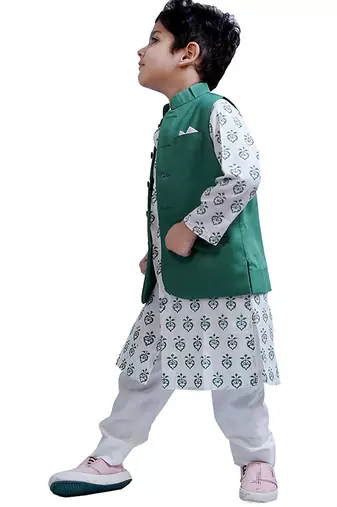 Green woven cotton nehru jacket set
