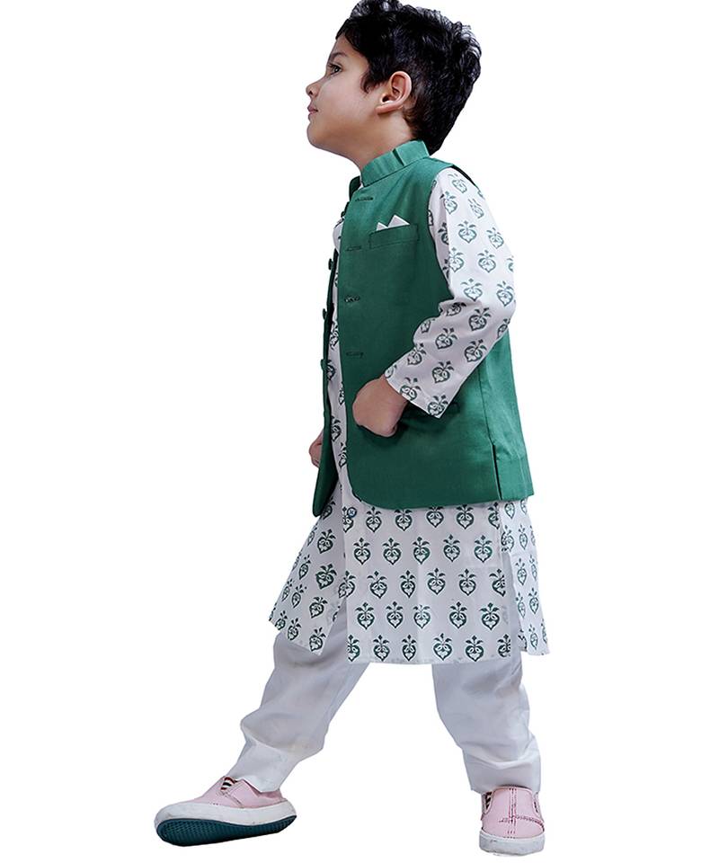 Green woven cotton nehru jacket set