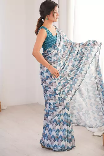 multicolor chinon designer saree with digital printed blouse