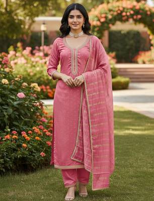 Pink color chanderi butti fabric beautiful embroidered suit 1