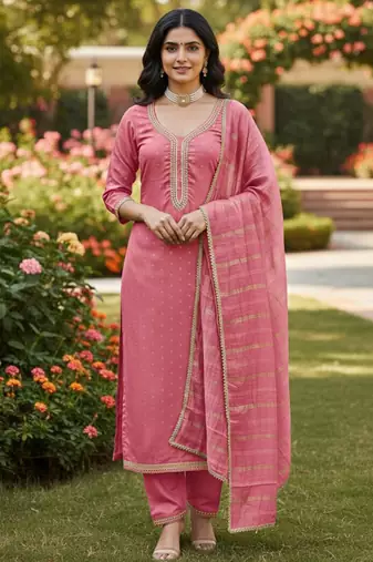 Pink color chanderi butti fabric beautiful embroidered suit