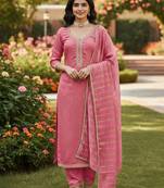 Pink color chanderi butti fabric beautiful embroidered suit