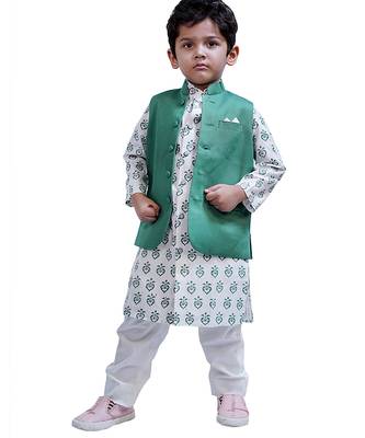 Green woven cotton nehru jacket set 1