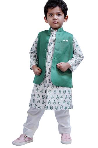 Green woven cotton nehru jacket set