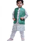 Green woven cotton nehru jacket set