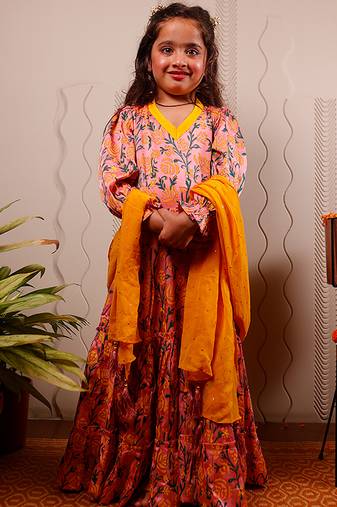 Pink printed satin anarkali