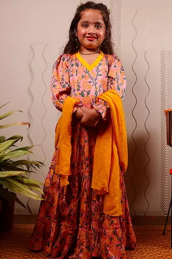 Pink printed satin anarkali