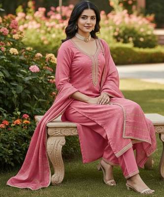 Pink color chanderi butti fabric beautiful embroidered suit 2