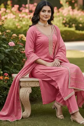 Pink color chanderi butti fabric beautiful embroidered suit