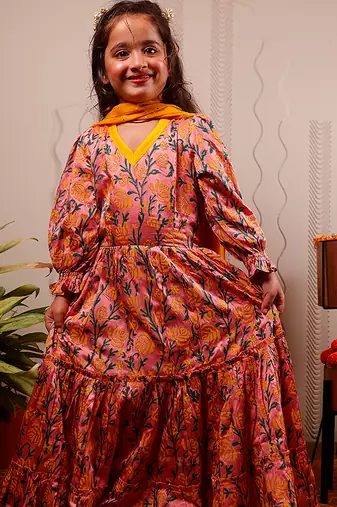 Pink printed satin anarkali