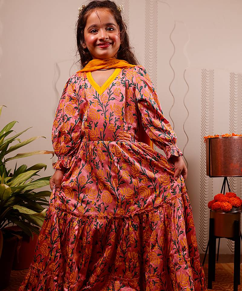 Pink printed satin anarkali