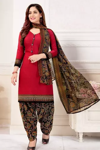 red cotton printed suit with dupatta ready to wear set