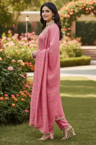 Pink color chanderi butti fabric beautiful embroidered suit