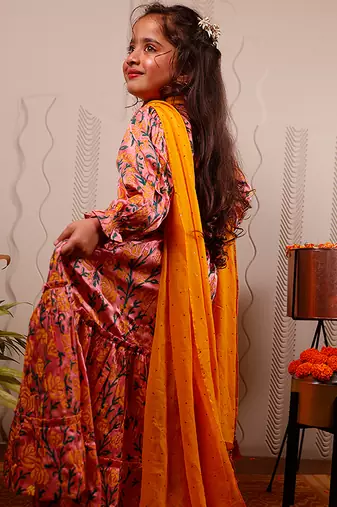 Pink printed satin anarkali