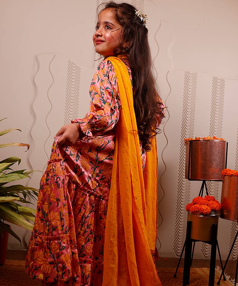 Pink printed satin anarkali