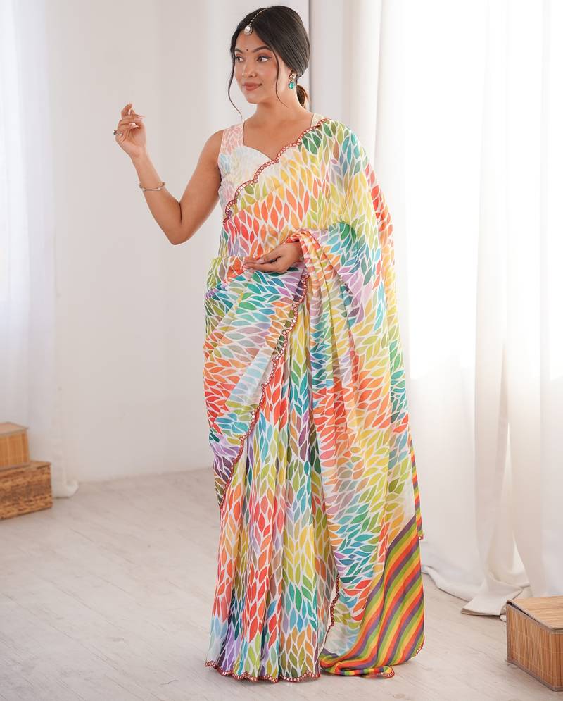 women's rainbow multicolor chinon digital printed saree