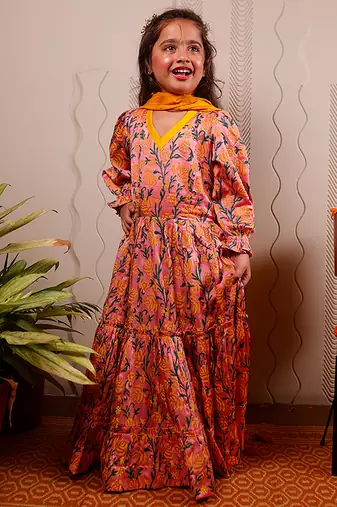 Pink printed satin anarkali
