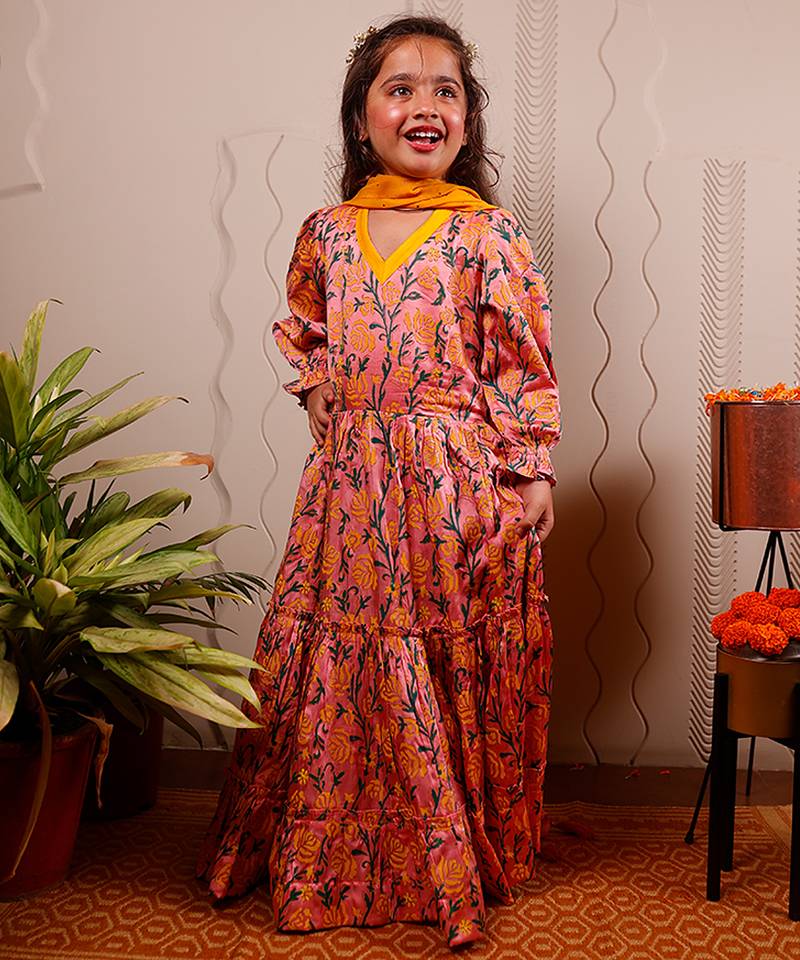 Pink printed satin anarkali