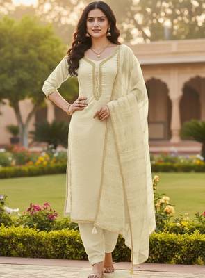 Off white color chanderi butti fabric beautiful embroidered suit 1