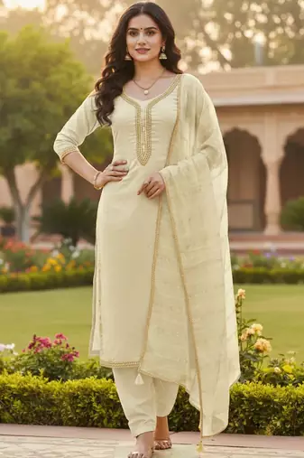 Off white color chanderi butti fabric beautiful embroidered suit