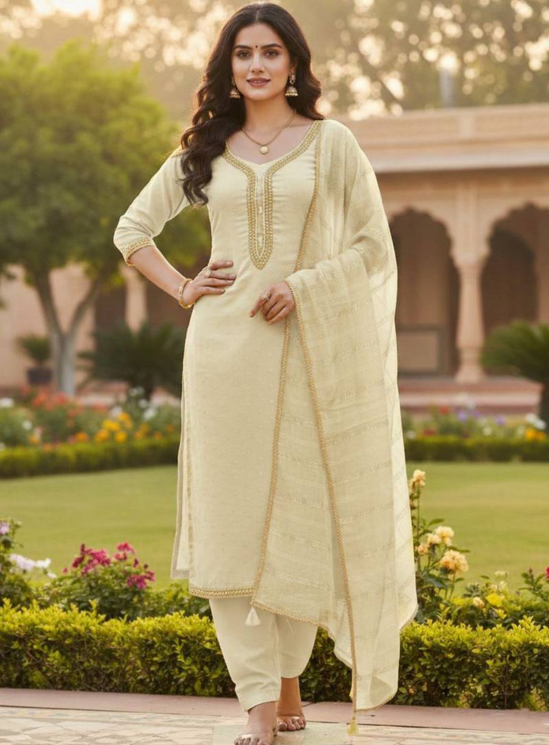 Off white color chanderi butti fabric beautiful embroidered suit