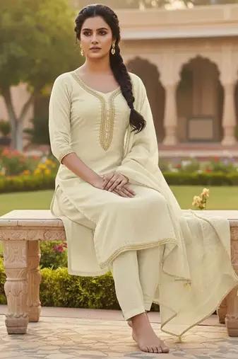 Off white color chanderi butti fabric beautiful embroidered suit