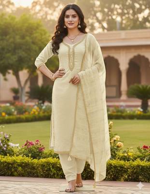 Off white color chanderi butti fabric beautiful embroidered suit 3