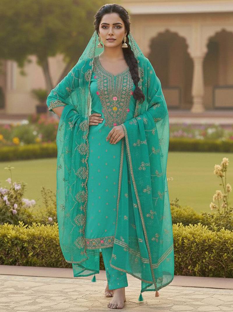 Sea green color chanderi butti fabric beautiful embroidered suit