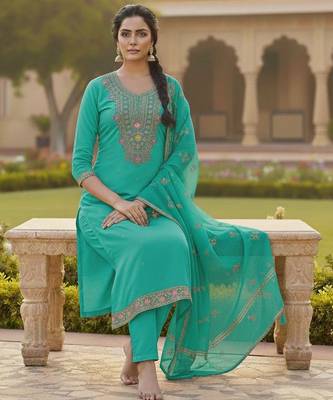Sea green color chanderi butti fabric beautiful embroidered suit 2