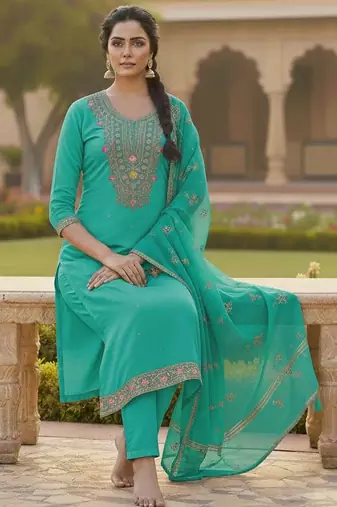 Sea green color chanderi butti fabric beautiful embroidered suit
