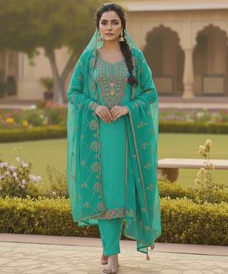 Sea green color chanderi butti fabric beautiful embroidered suit 3