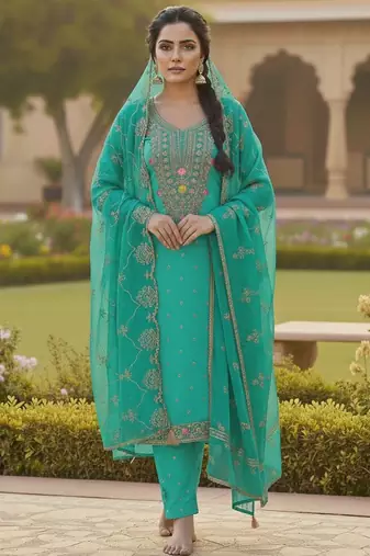 Sea green color chanderi butti fabric beautiful embroidered suit