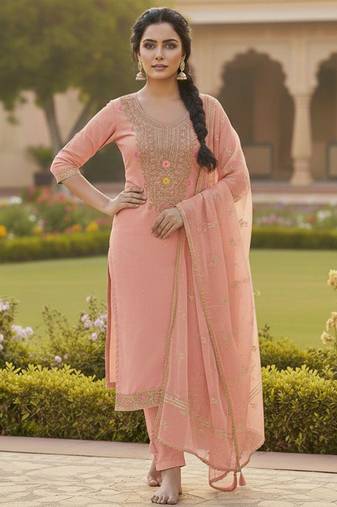 Pink color chanderi butti fabric beautiful embroidered suit