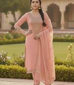 Pink color chanderi butti fabric beautiful embroidered suit