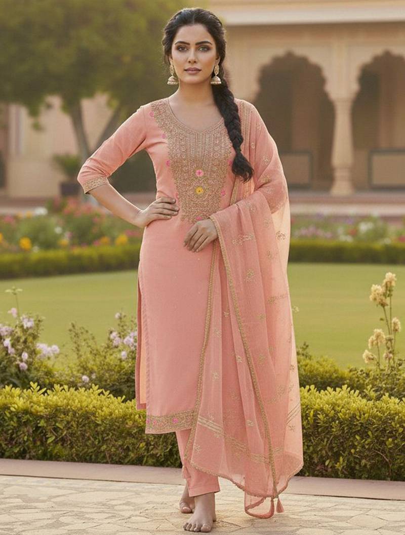 Pink color chanderi butti fabric beautiful embroidered suit