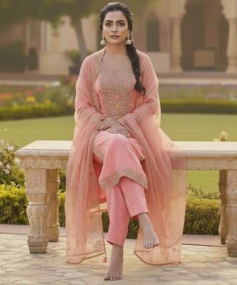 Pink color chanderi butti fabric beautiful embroidered suit 2