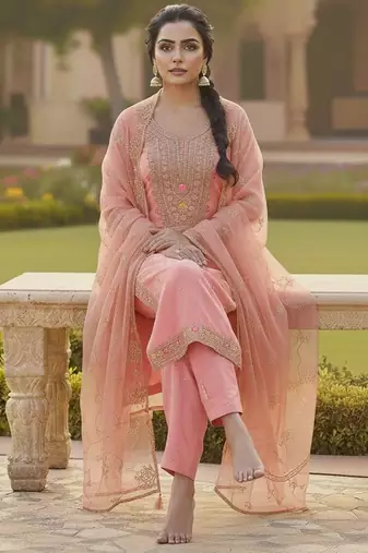 Pink color chanderi butti fabric beautiful embroidered suit