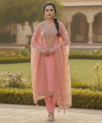 Pink color chanderi butti fabric beautiful embroidered suit 3