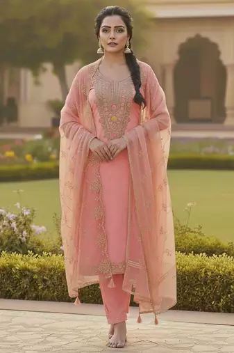 Pink color chanderi butti fabric beautiful embroidered suit