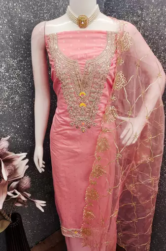 Pink color chanderi butti fabric beautiful embroidered suit