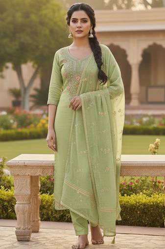 Green color chanderi butti fabric beautiful embroidered suit