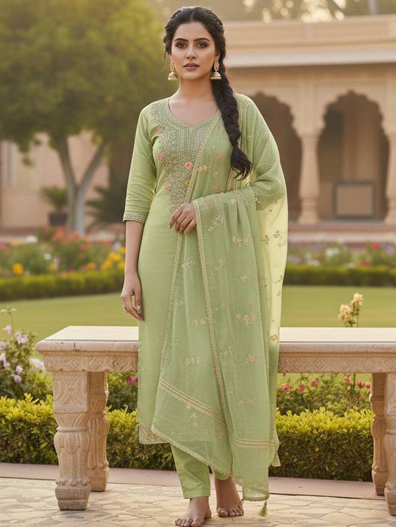 Green color chanderi butti fabric beautiful embroidered suit