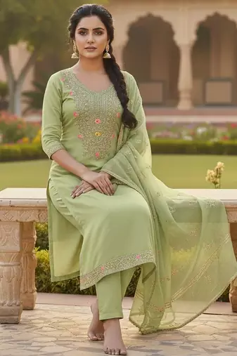 Green color chanderi butti fabric beautiful embroidered suit