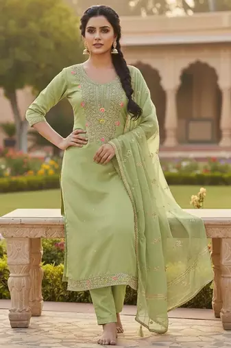 Green color chanderi butti fabric beautiful embroidered suit