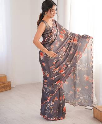 multicolor digital printed designer chinon saree with blouse 2
